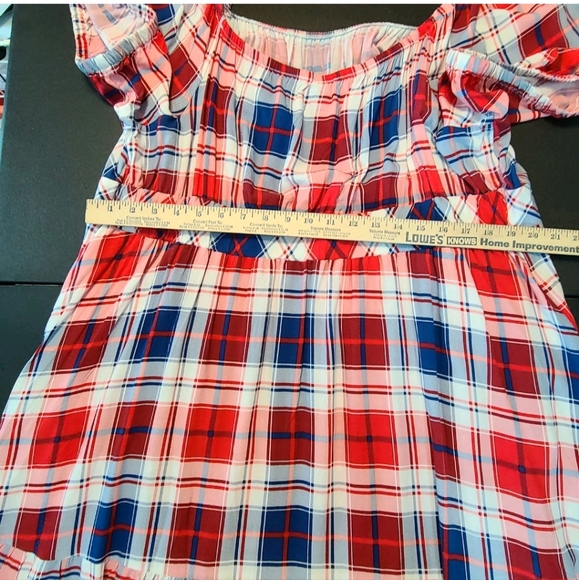 Torrid Challis Puff Sleeve Tiered Maxi Dress Plaid Red & Blue 3X 22/24 Americana - Picture 14 of 15